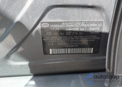 2013 Hyundai Sonata Gls из США, поврежденный, VIN 5NPEB4AC0DH659320